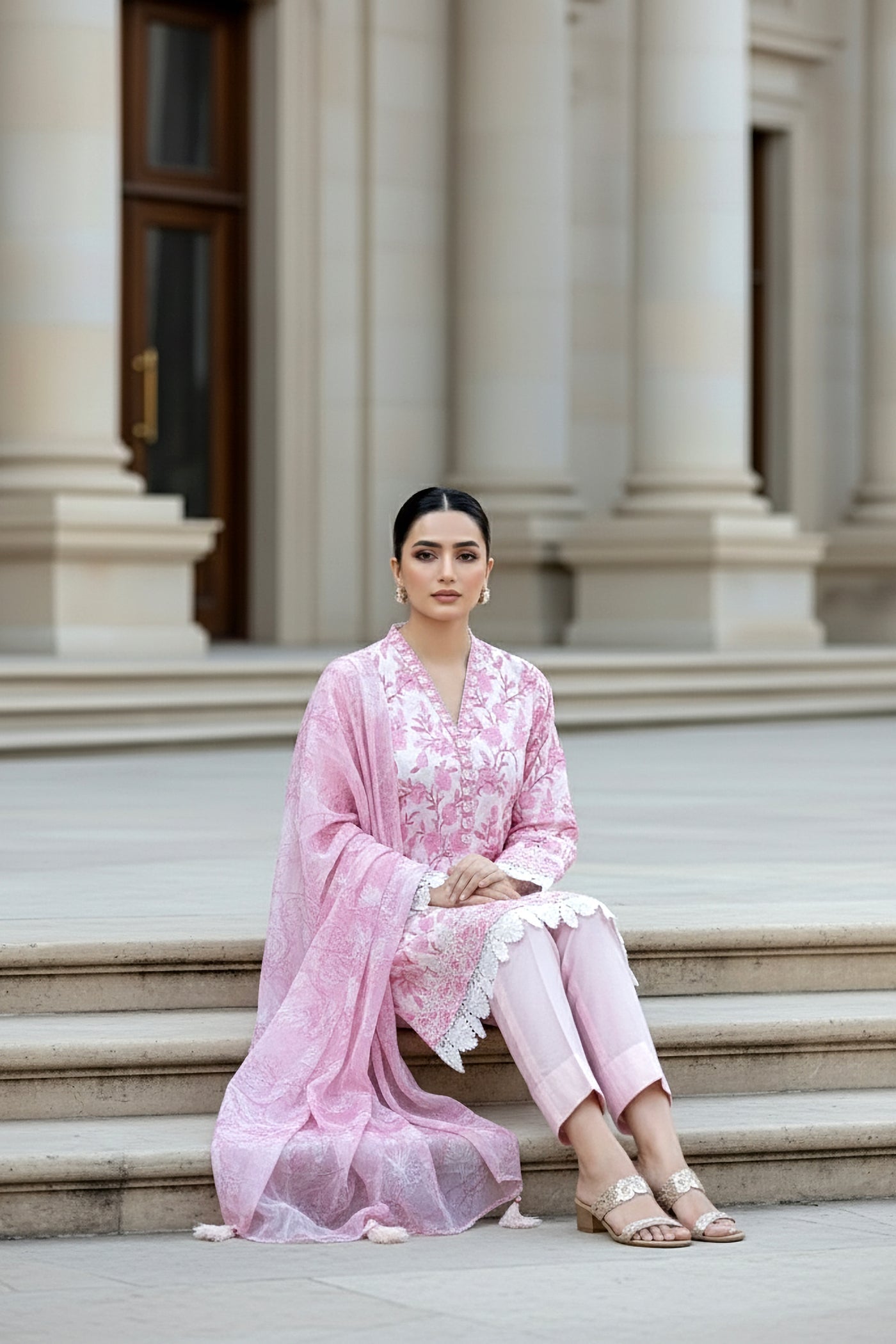 03 Piece Unstitched Embroidered With Printed Chiffon Dupatta Komal Lawn - Design 7