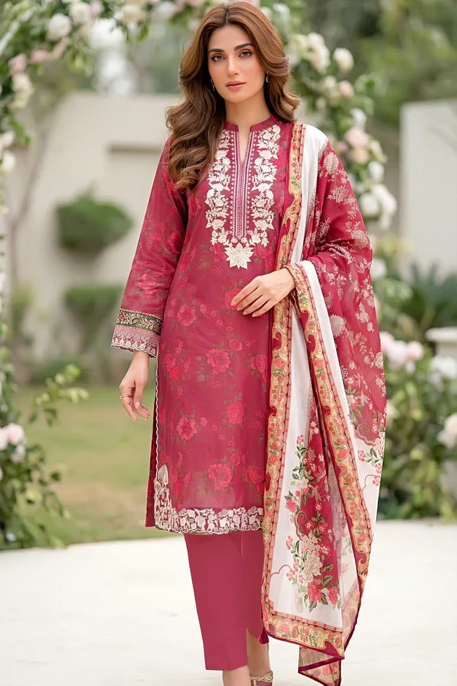 Lakhany Premium 03 Piece Unstitched Printed Embroidered with Printed Lawn Dupatta