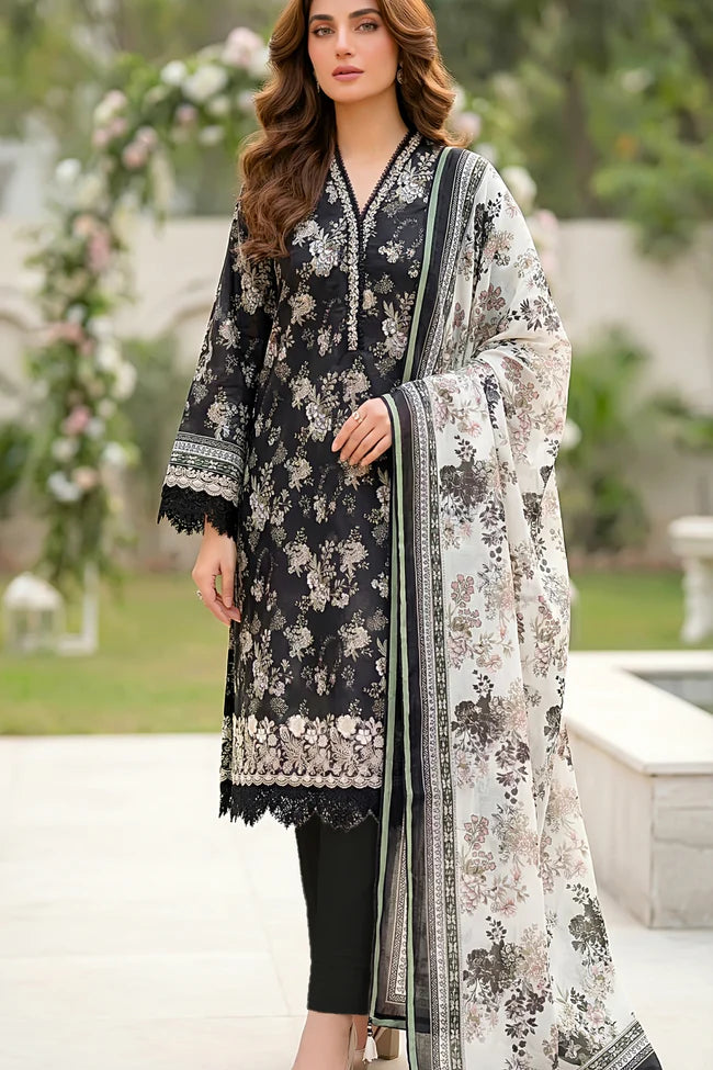 Lakhany Premium 03 Piece Unstitched Printed Embroidered with Printed Lawn Dupatta - Design 4