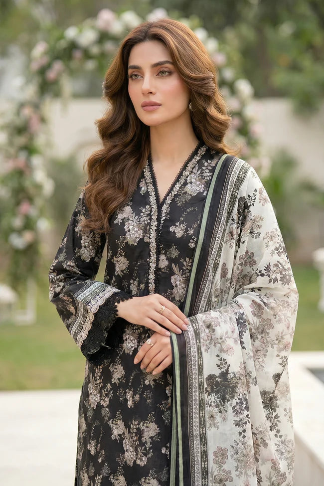 Lakhany Premium 03 Piece Unstitched Printed Embroidered with Printed Lawn Dupatta - Design 4