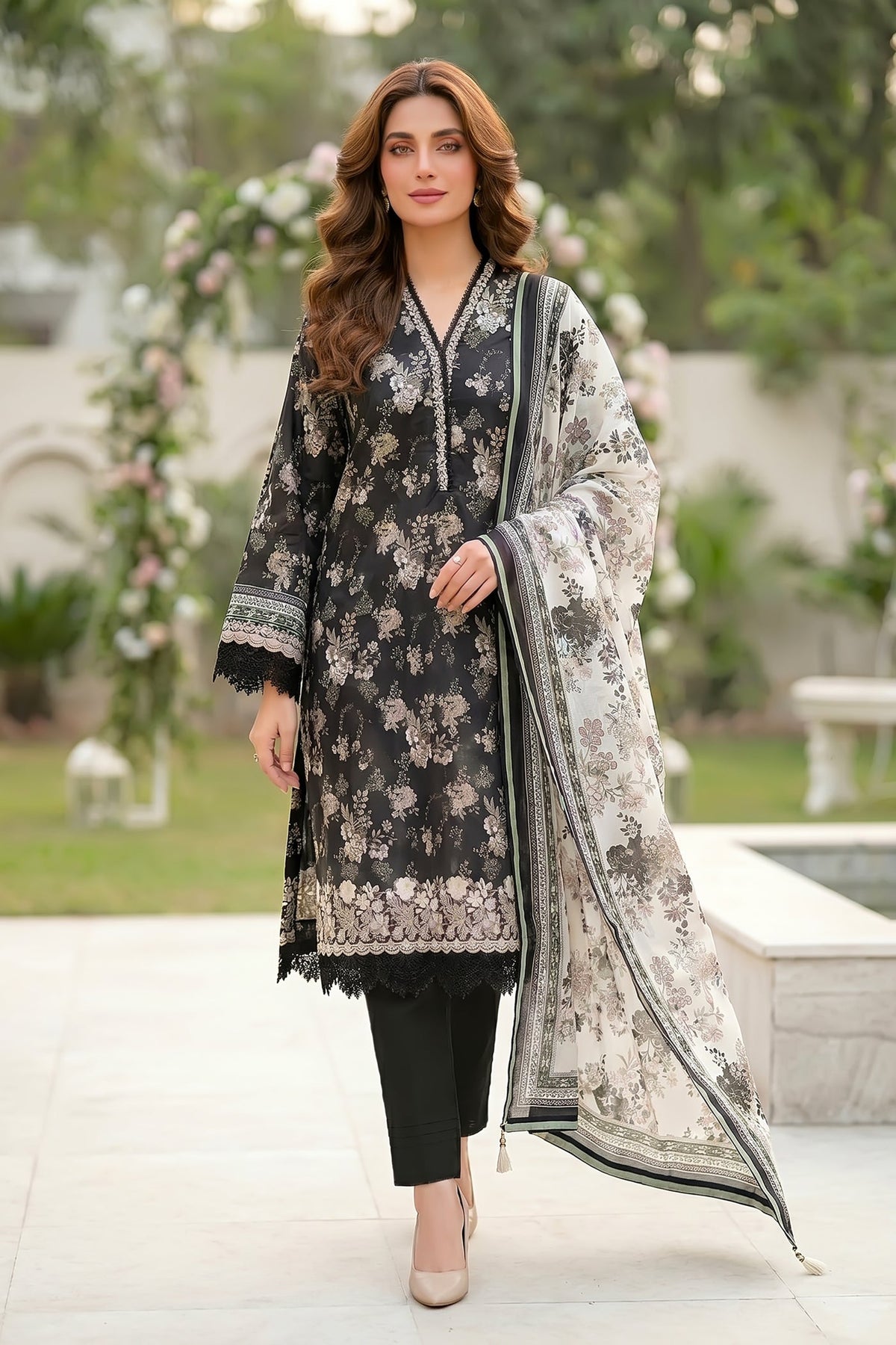 Lakhany Premium 03 Piece Unstitched Printed Embroidered with Printed Lawn Dupatta - Design 4