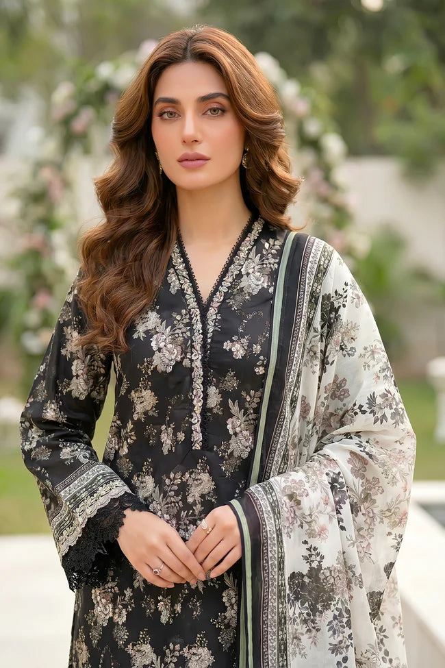 Lakhany Premium 03 Piece Unstitched Printed Embroidered with Printed Lawn Dupatta - Design 4
