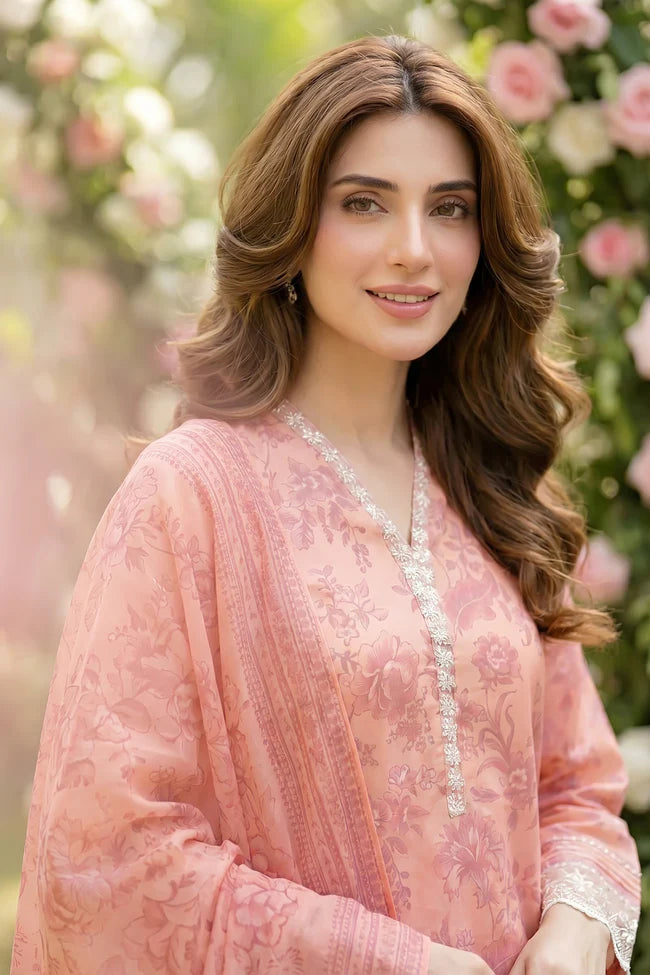 Lakhany Premium 03 Piece Unstitched Printed Embroidered with Printed Lawn Dupatta