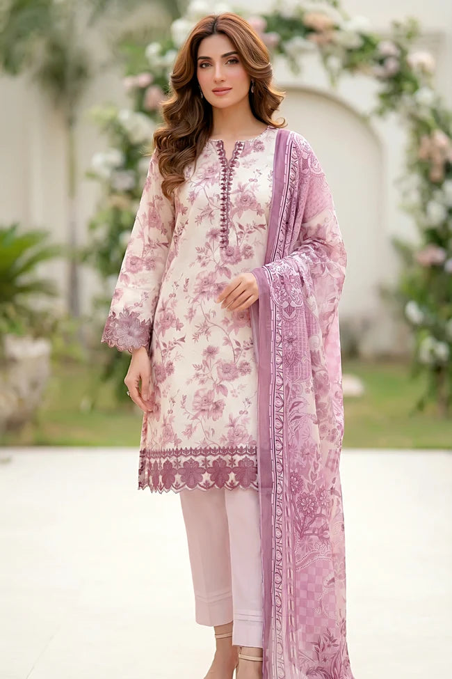 Lakhany Premium 03 Piece Unstitched Printed Embroidered with Printed Lawn Dupatta