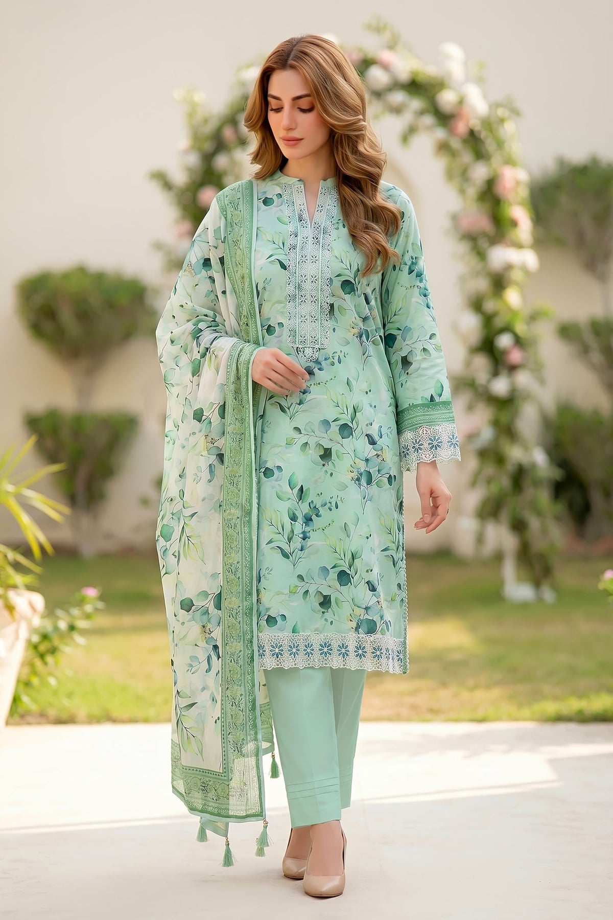 Lakhany Premium 03 Piece Unstitched Printed Embroidered with Printed Lawn Dupatta