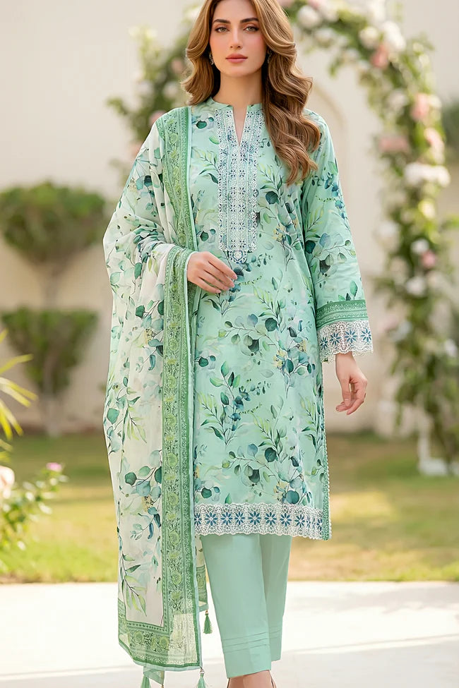 Lakhany Premium 03 Piece Unstitched Printed Embroidered with Printed Lawn Dupatta