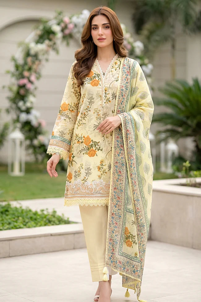 Lakhany Premium 03 Piece Unstitched Printed Embroidered with Printed Lawn Dupatta - Design 7