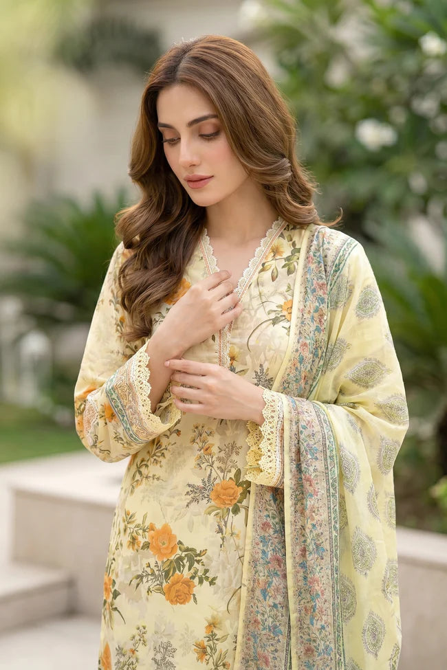 Lakhany Premium 03 Piece Unstitched Printed Embroidered with Printed Lawn Dupatta - Design 7