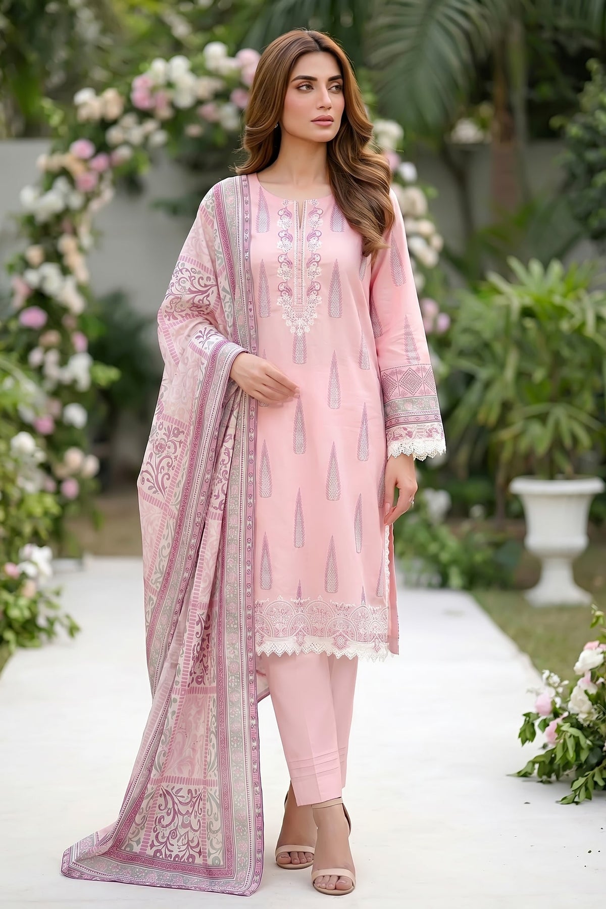 Lakhany Premium 03 Piece Unstitched Printed Embroidered with Printed Lawn Dupatta