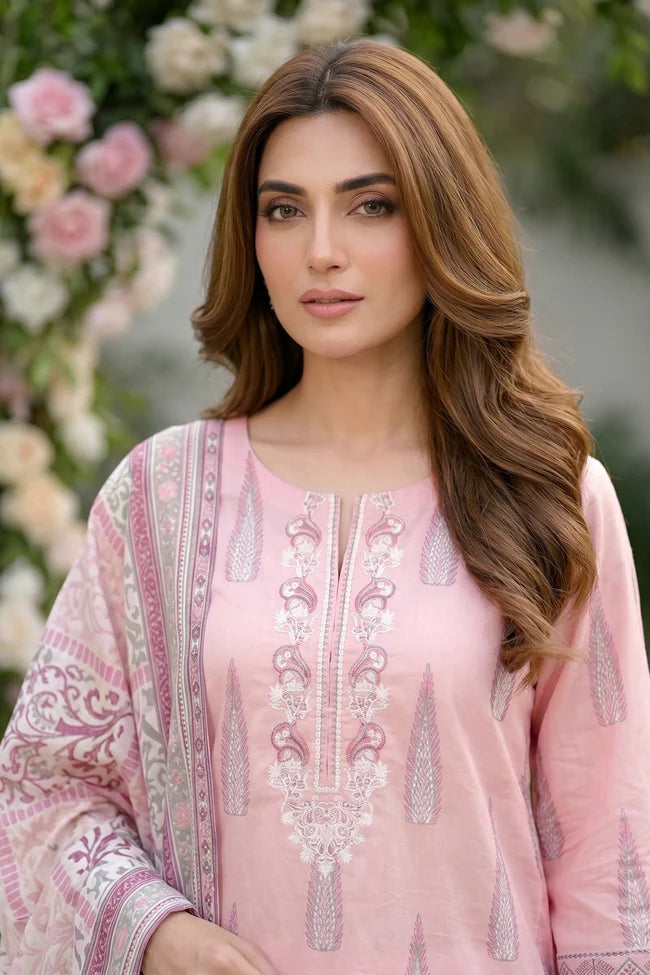 Lakhany Premium 03 Piece Unstitched Printed Embroidered with Printed Lawn Dupatta