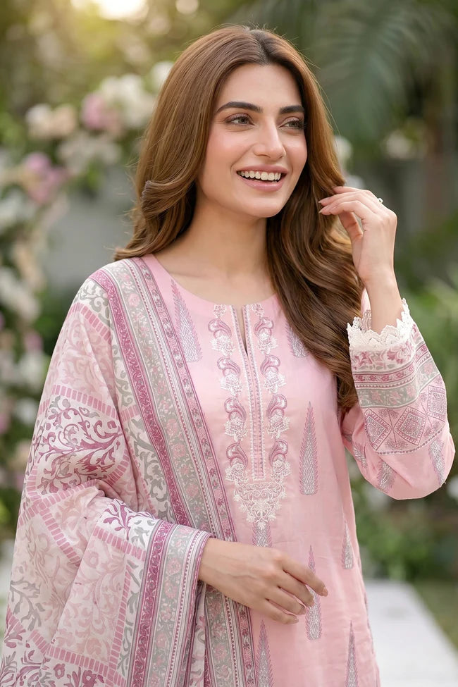 Lakhany Premium 03 Piece Unstitched Printed Embroidered with Printed Lawn Dupatta