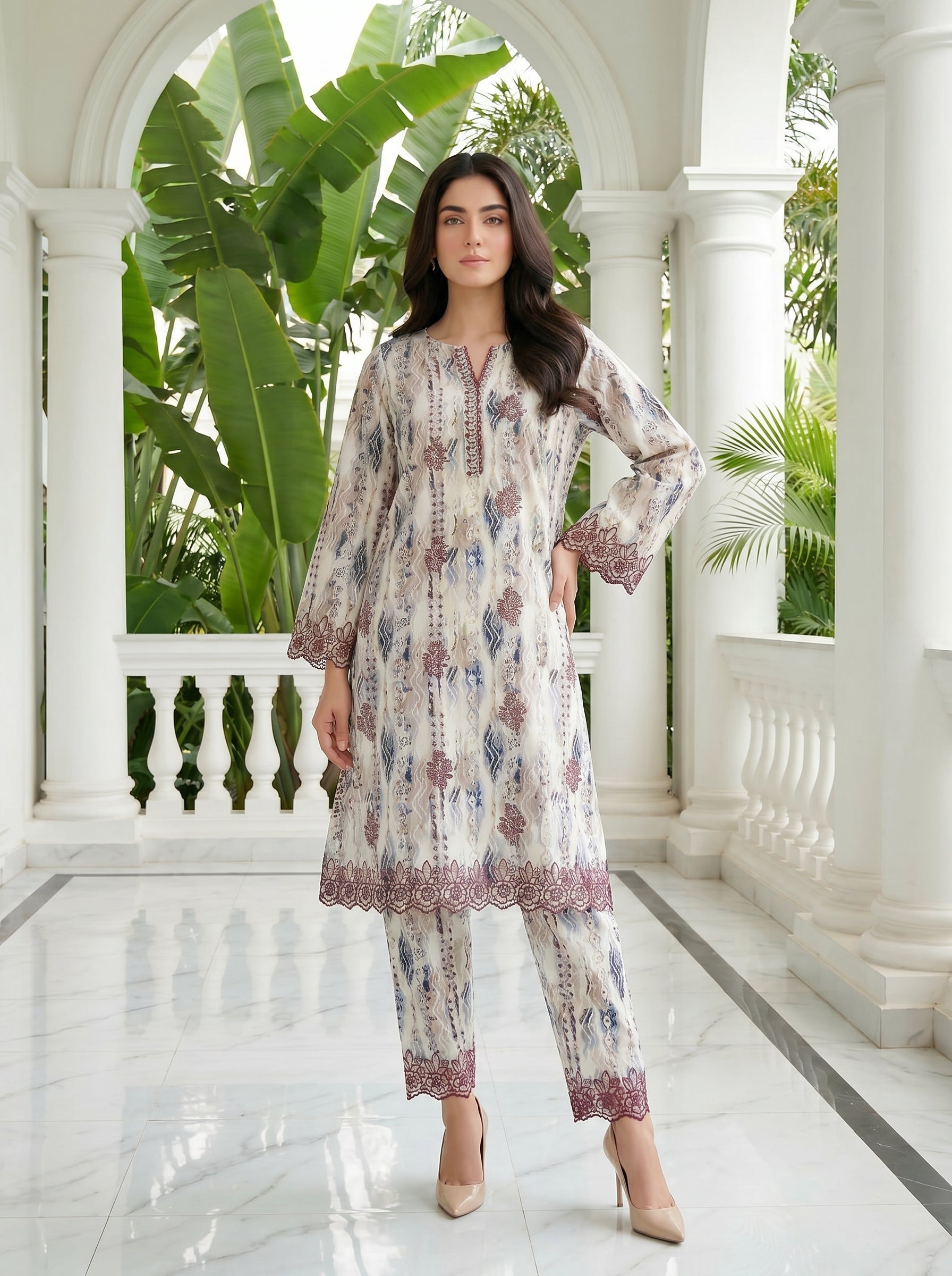 02 Piece Unstitched Printed Embroidered Shirt & Trouser - Lakhany