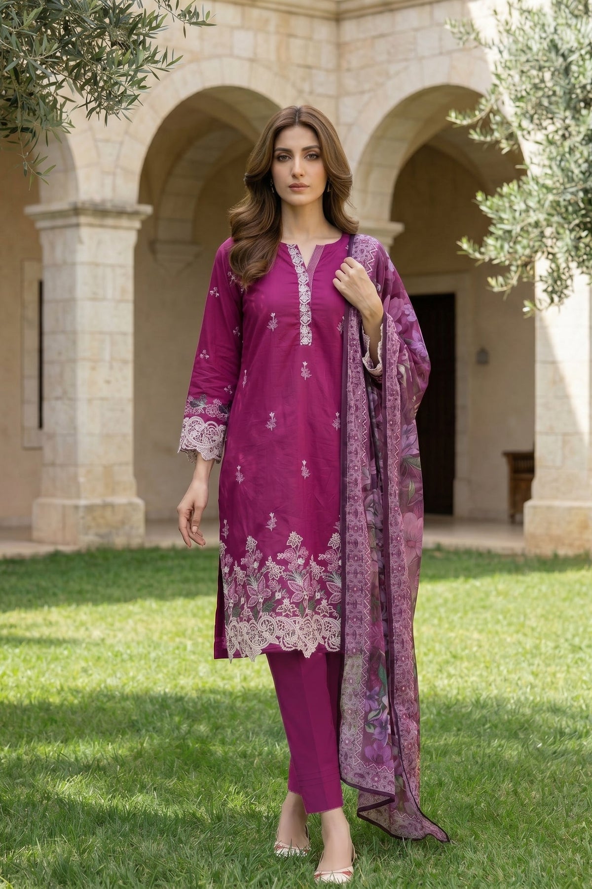 Lakhany Premium 03 Piece Unstitched Dyed Embroidered with Printed Chiffon Dupatta - Design 1
