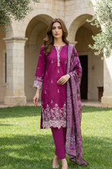 Lakhany Premium 03 Piece Unstitched Dyed Embroidered with Printed Chiffon Dupatta - Design 1