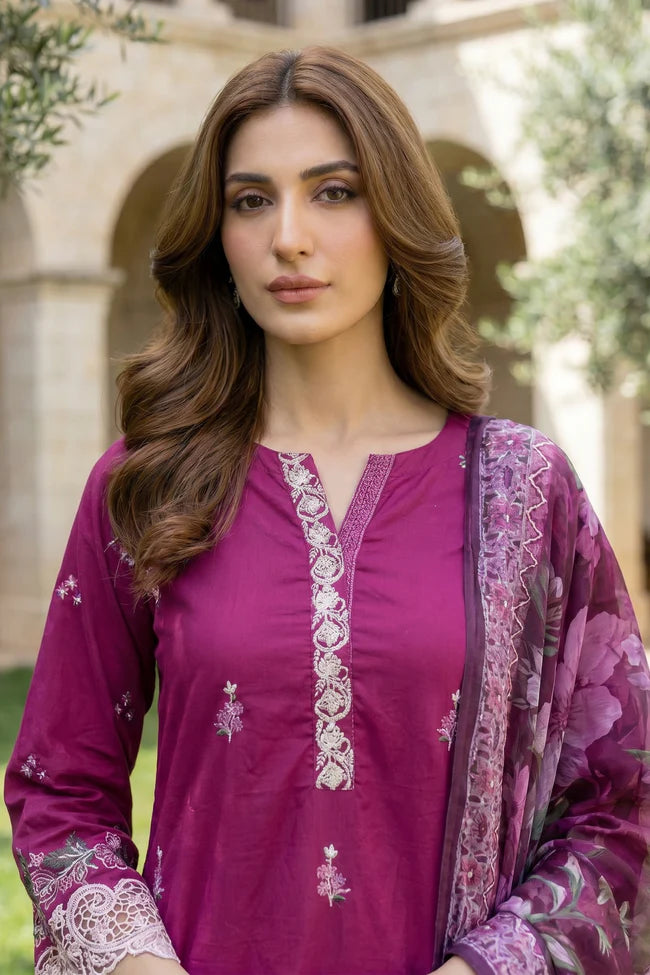 Lakhany Premium 03 Piece Unstitched Dyed Embroidered with Printed Chiffon Dupatta - Design 1