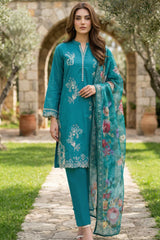 Lakhany Premium 03 Piece Unstitched Dyed Embroidered with Printed Chiffon Dupatta