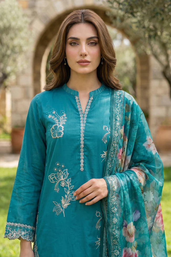 Lakhany Premium 03 Piece Unstitched Dyed Embroidered with Printed Chiffon Dupatta