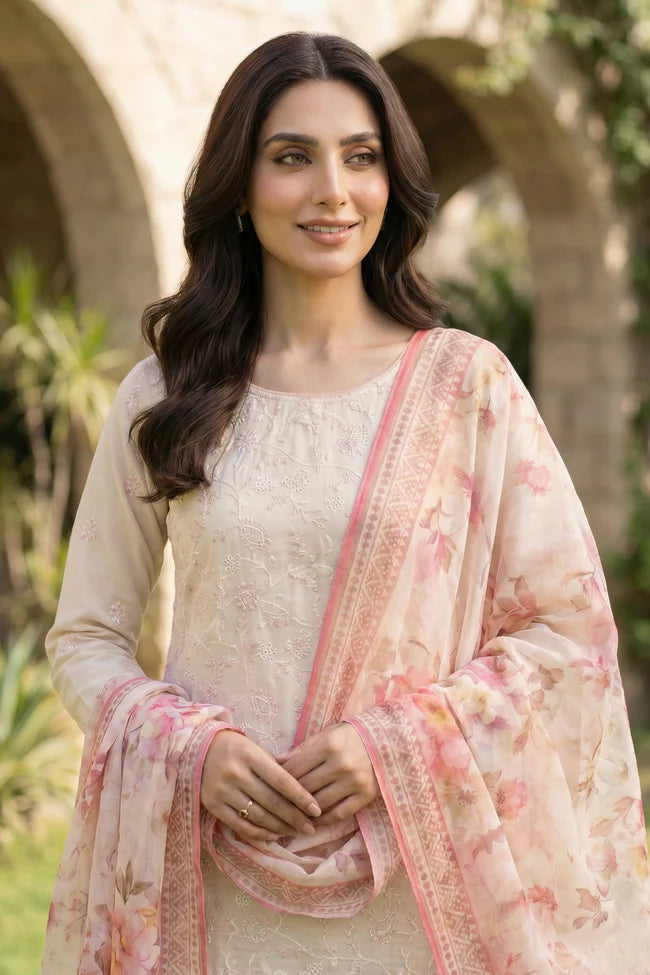 Lakhany Premium 03 Piece Unstitched Dyed Embroidered with Printed Chiffon Dupatta