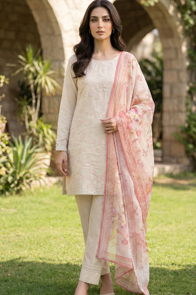 Lakhany Premium 03 Piece Unstitched Dyed Embroidered with Printed Chiffon Dupatta