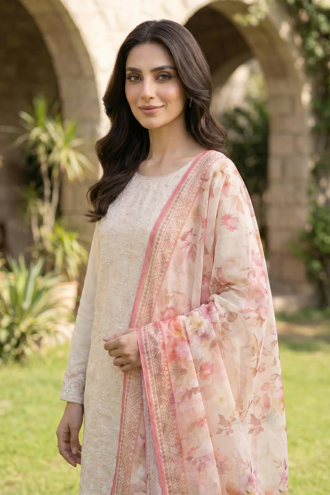 Lakhany Premium 03 Piece Unstitched Dyed Embroidered with Printed Chiffon Dupatta