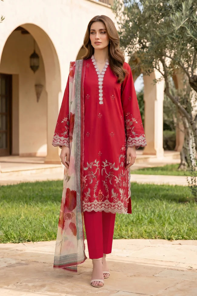 Lakhany Premium 03 Piece Unstitched Dyed Embroidered with Printed Chiffon Dupatta