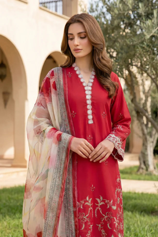 Lakhany Premium 03 Piece Unstitched Dyed Embroidered with Printed Chiffon Dupatta