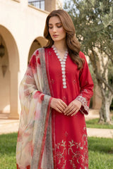 Lakhany Premium 03 Piece Unstitched Dyed Embroidered with Printed Chiffon Dupatta