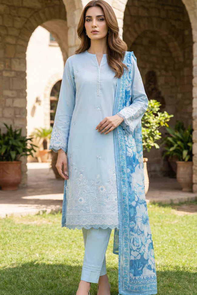 Lakhany Premium 03 Piece Unstitched Dyed Embroidered with Printed Chiffon Dupatta