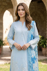 Lakhany Premium 03 Piece Unstitched Dyed Embroidered with Printed Chiffon Dupatta