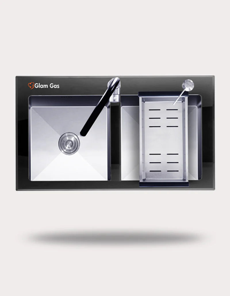 Glam Gas LIFE STYLE-12-GLASS kitchen Sink Double Bowl Hand Made Stainless Steel W/Glass Brand Warranty