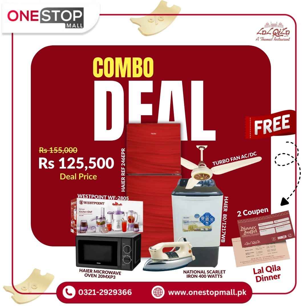 Wedding Package Haier Ref 246EPR Haier Washing Machine 80/1217WB Westpoint WF-2805 Haier Microwave Oven 20MXP3 Turbo Fan AC/DC National Scarlet Iron 400 Watts