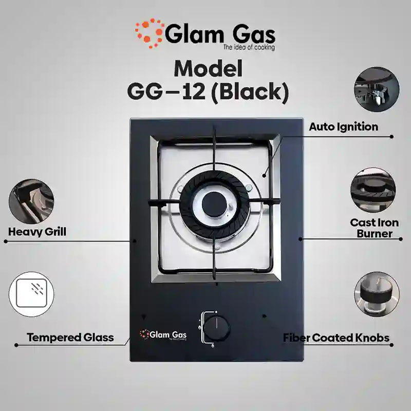 Glam Gas Food book-GG-12 Black Hob 1 Burner Kitchen Gas Stove Gas Stove (Natural Gas & LPG)  1 Year Brand Warranty