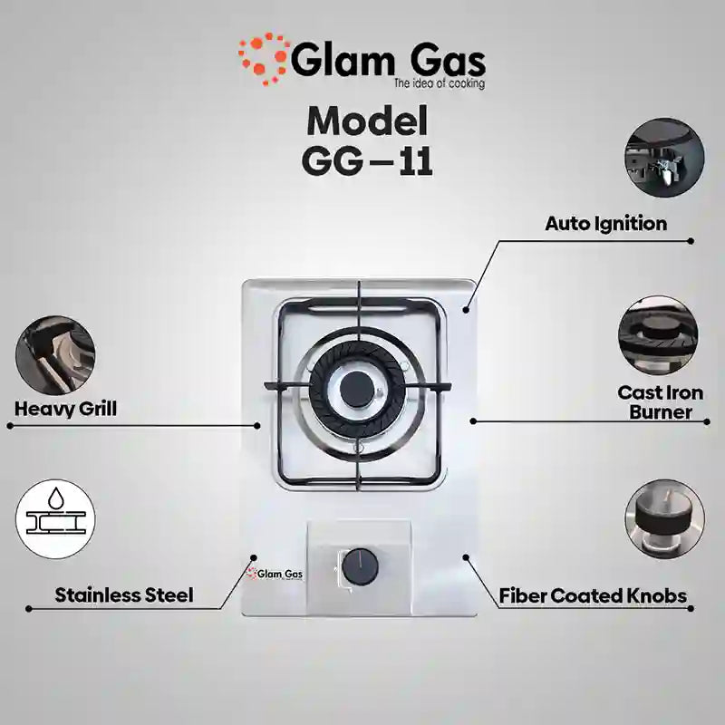 Glam Gas (GG-11) Kitchen Gas Stove 1 Burners Hob Choolha Stainless Steel Auto ignition (Natural Gas & LPG) Brand Warranty