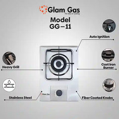 Glam Gas (GG-11) Kitchen Gas Stove 1 Burners Hob Choolha Stainless Steel Auto ignition (Natural Gas & LPG) Brand Warranty