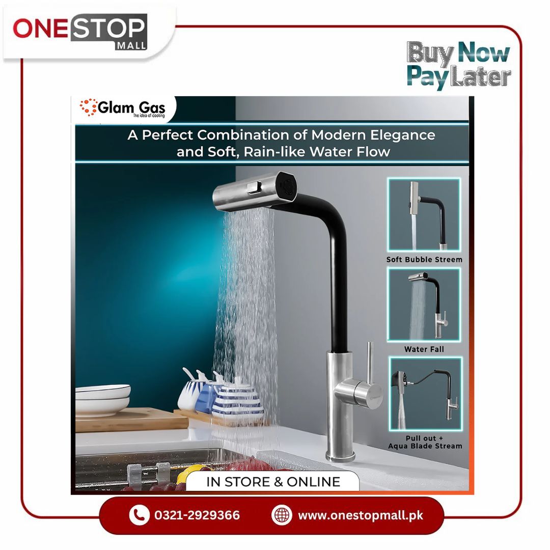 Glam Gas Faucet (Faucet Rain-12 Black) Imported Aerater Stainless Steel Flexible Hose Brand Warranty