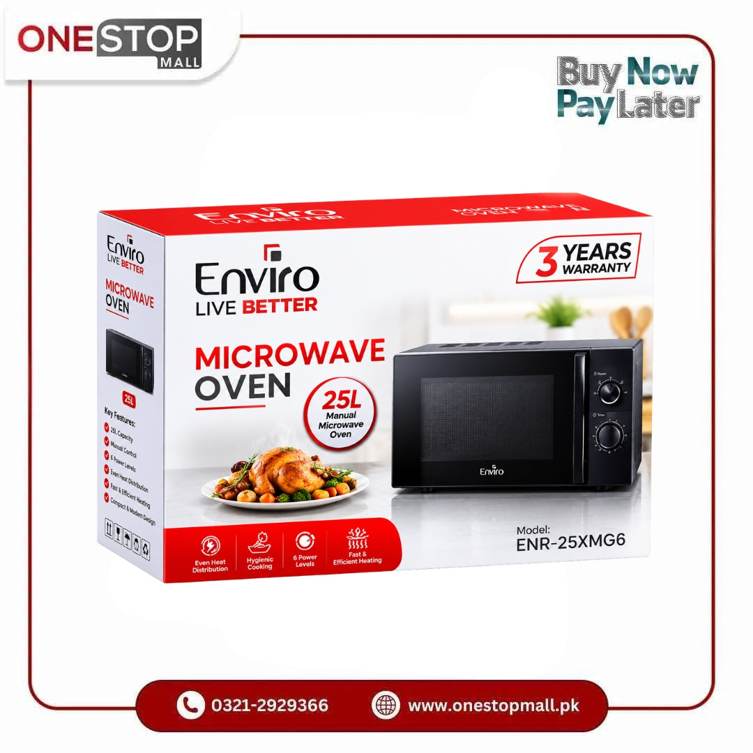 Enviro ENR-25XMG6 Microwave Oven 25L Manual | 5 Power Levels | Mechanical Control | 3 Years Warranty
