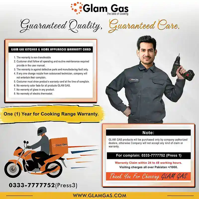 Glam Gas Cooking Range (Gas) Glamour 34” Tempered Glass Auto Ignition System (Natural Gas & LPG) Brand Warranty