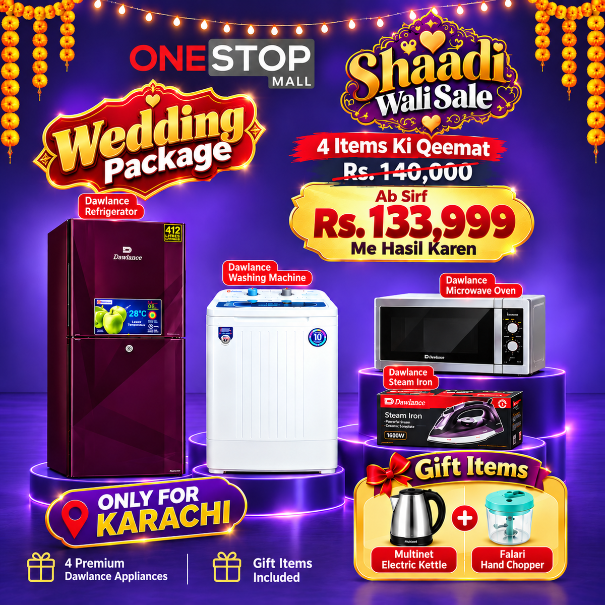 Dawlance Wedding Package 4-Piece Combo – Refrigerator, Washing Machine, Microwave Oven & Steam Iron | Available for Karachi Customers Only