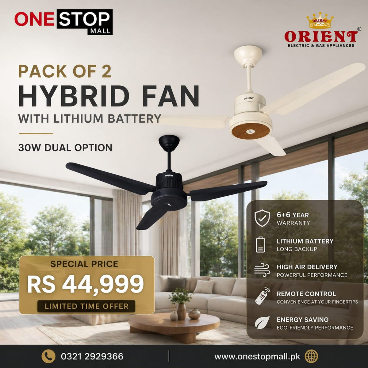 (Pack Of 2) Orient Hybrid Fan with Built-in Battery Ceiling Fans 1st time in Pakistan a new technology of Fan