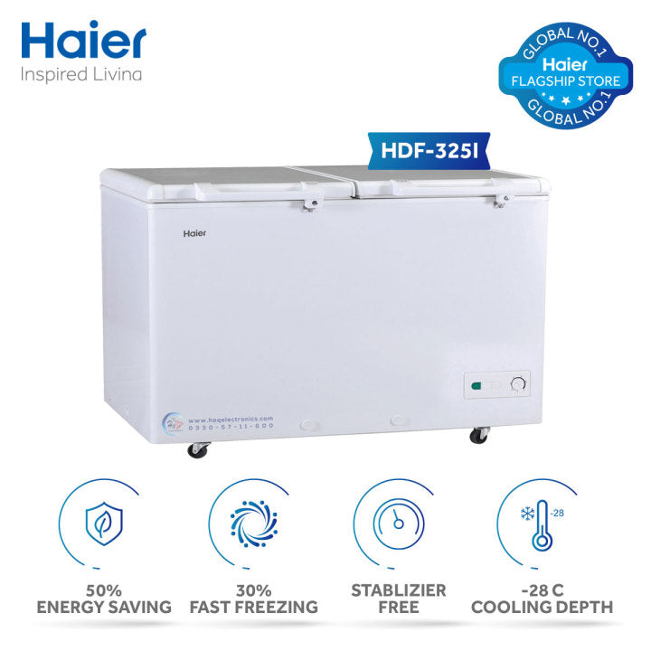 Haier Deep Freezer 12 Cu Ft/Inverter/Twin Door/HDF-325I (50% Energy Saving/ 30% Fast Freezing/ -28 c Cooling Depth ) White Colour Deep Freezer/10 Years Warranty