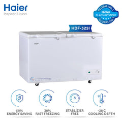 Haier Deep Freezer 12 Cu Ft/Inverter/Twin Door/HDF-325I (50% Energy Saving/ 30% Fast Freezing/ -28 c Cooling Depth ) White Colour Deep Freezer/10 Years Warranty
