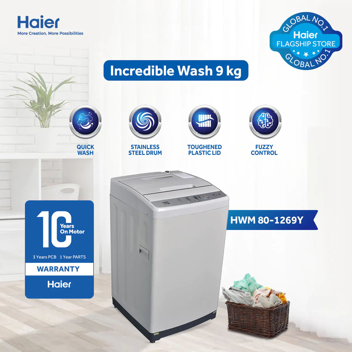 Haier -HWM 80-1269Y Fully Automatic Washing Machine 9kg | Top Loading Washing Machine | 10 Years Warranty.