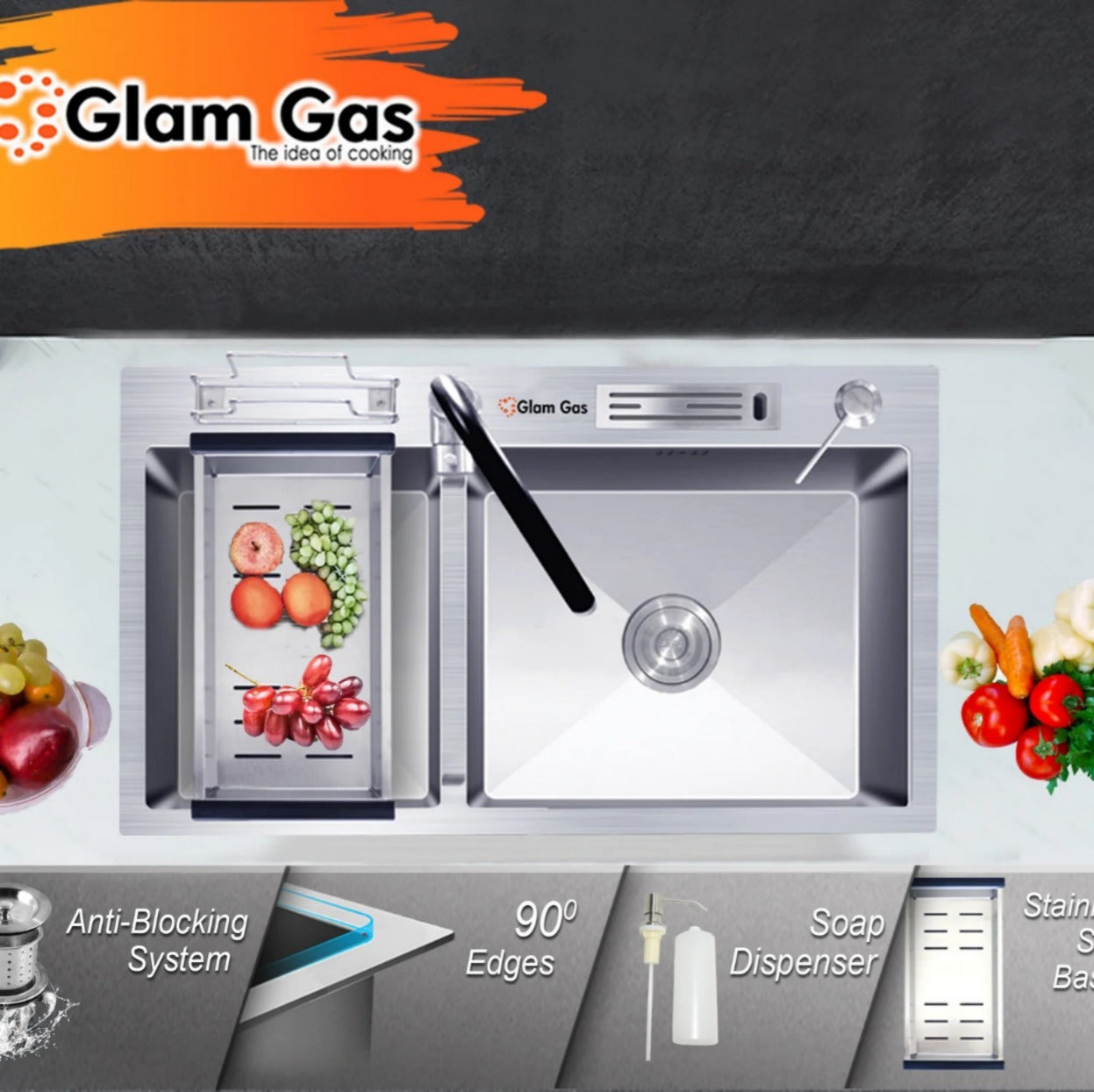 Glam Gas LIFE STYLE-57-BOX Kitchen Sink Waste Pipe Kit S.S Basket Plate Holder Brand Warranty