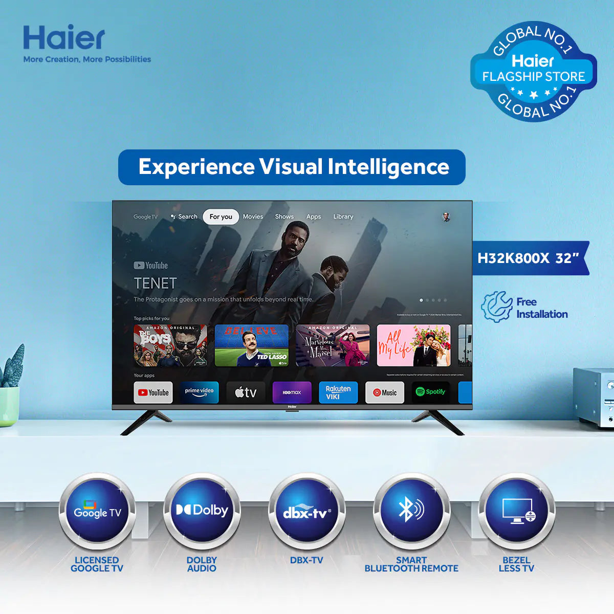 Haier 32" Google TV K800 Series/H32K800X (Certified Android Smart+ Bezeless+ Full Screen)/ 2 Years Warranty