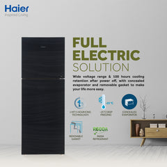 Haier 12 Cu Ft/E-Star Series/ HRF-336 EPB(Deepest Freeze +Direct Cool+ 1 Hour Icing Technology +Wide Voltage+ Glass Door) Black Colour/Refrigerator/ 10 Years Warranty