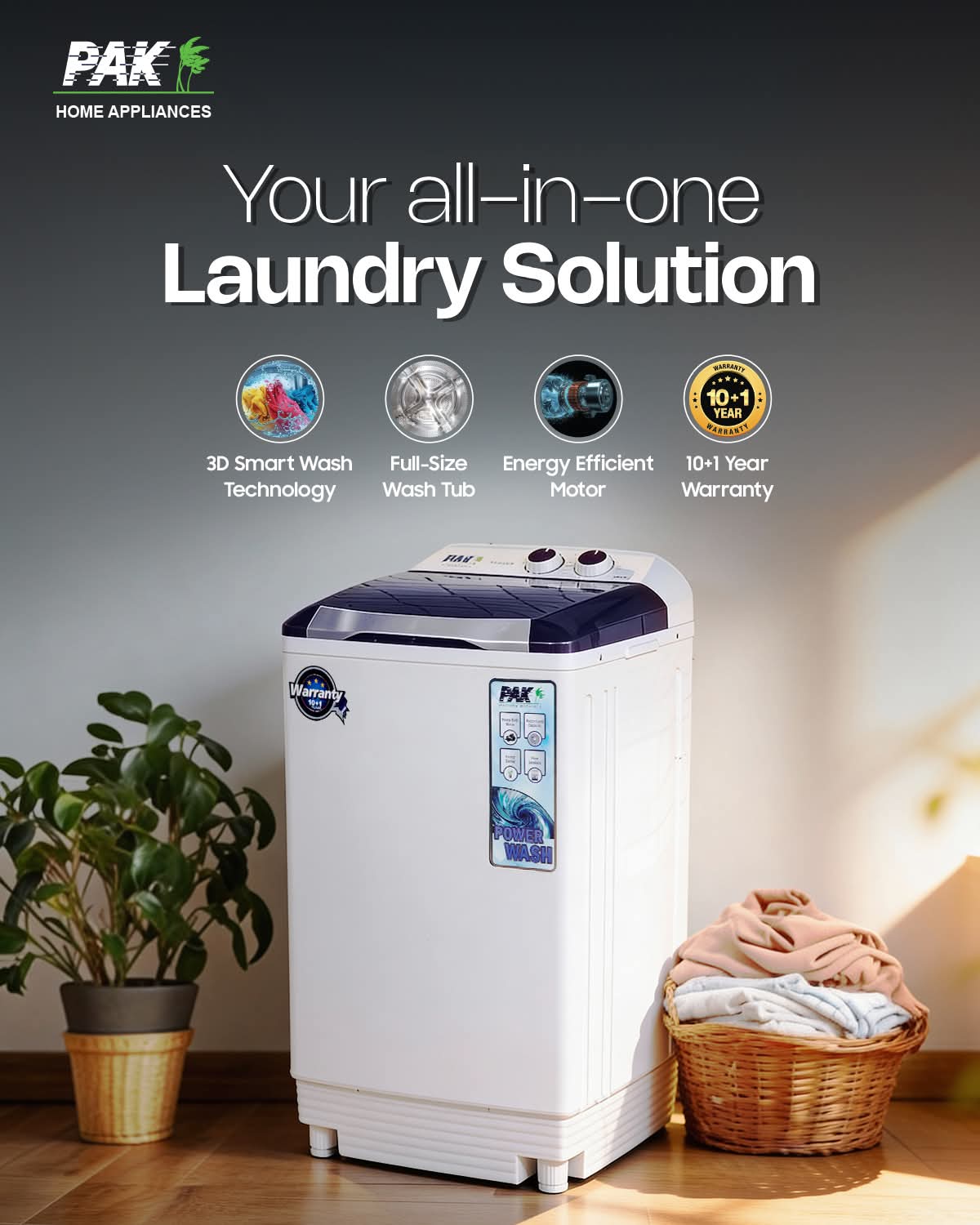 PAK WASHING MACHINE ECONOMY SERIES SINGLE TUB PK-W99 WHITE (10 KG)