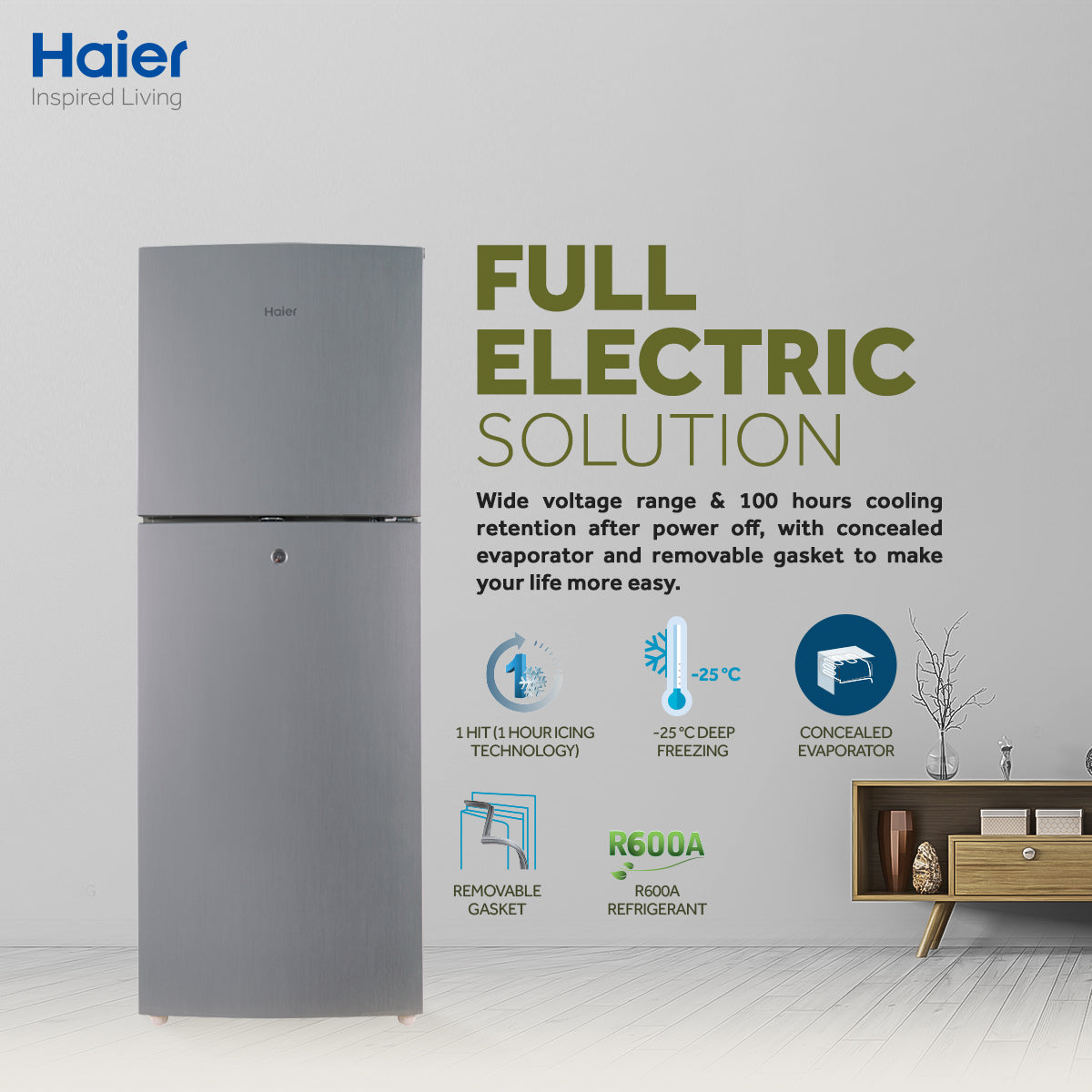 Haier Refrigerators 11 Cu Ft-E-Star Series-HRF-306 EBS-Deepest Freeze-Direct Cool-1 Hour Icing Technology-Wide Voltage-Glass Door-10 Years Warranty