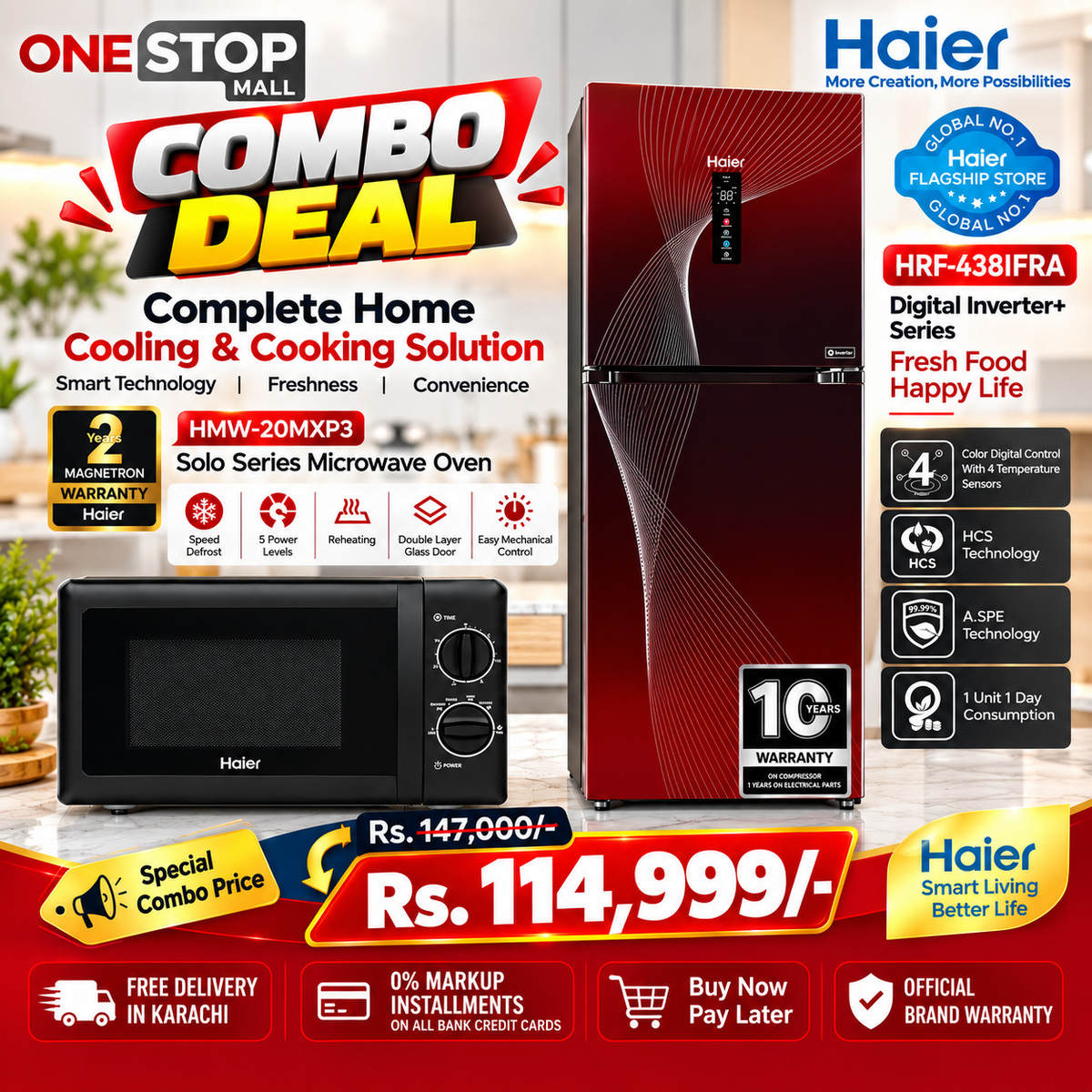 Haier 2-Piece Combo Deal – HRF-438IFRA Refrigerator & HMW-20MXP3 Microwave Oven