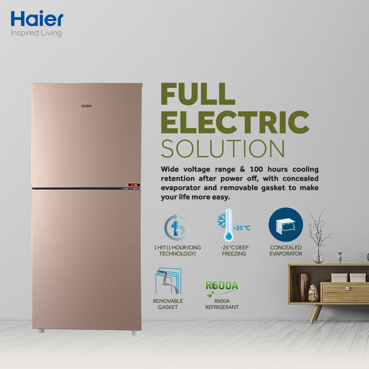 Haier Refrigerators 10 Cu Ft/E-Star Series/ HRF-276 EBD(Deepest Freeze +Direct Cool+ 1 Hour Icing Technology + Metal Door) Golden Colour/Refrigerator/ 10 Years Warranty