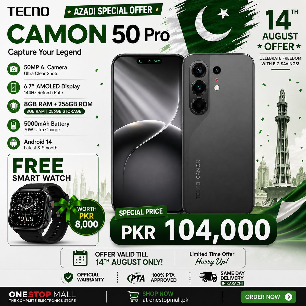 TECNO Camon 50 Pro 8GB RAM 256GB ROM – Free Smart Watch Azadi Special Offer